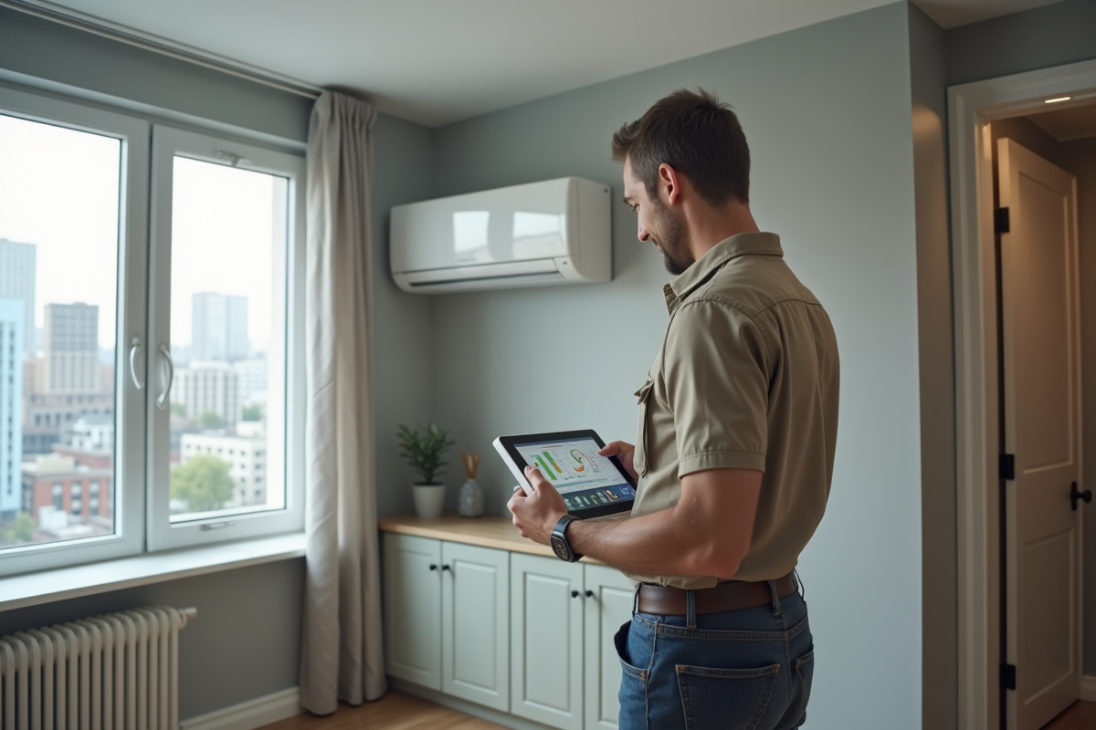Technicien ajustant une ventilation moderne dans un appartement