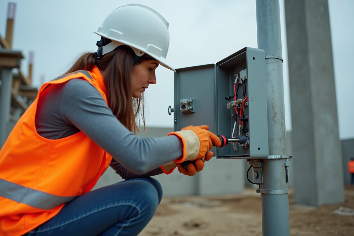 Technicienne serrant un raccord étanche sur un boîtier électrique extérieur dans un chantier de construction