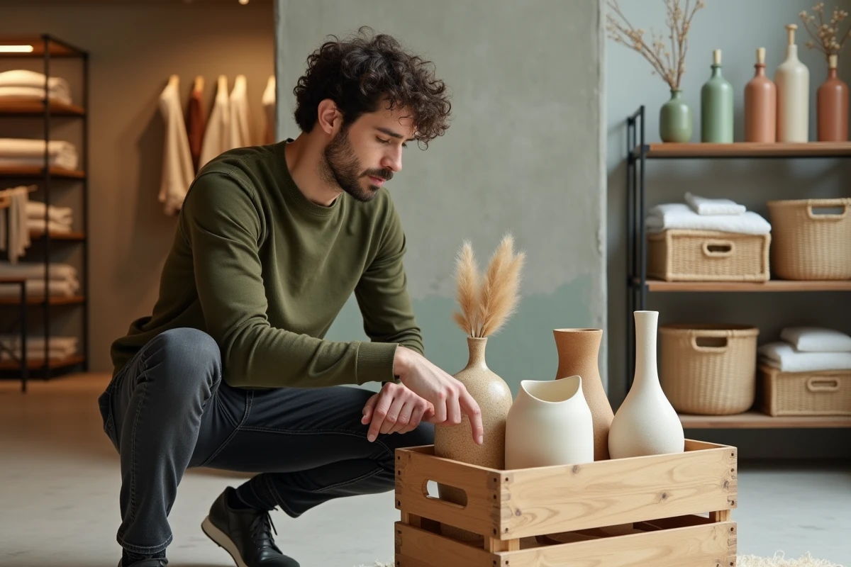 Homme découvrant les accessoires tendance de printemps Callmespring dans un concept store urbain minimaliste