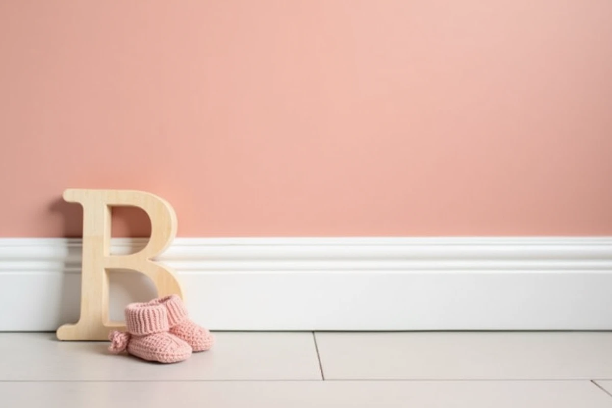 Gros plan sur la texture d'une peinture murale rose mate dans une chambre bébé avec une petite chaussette tricotée