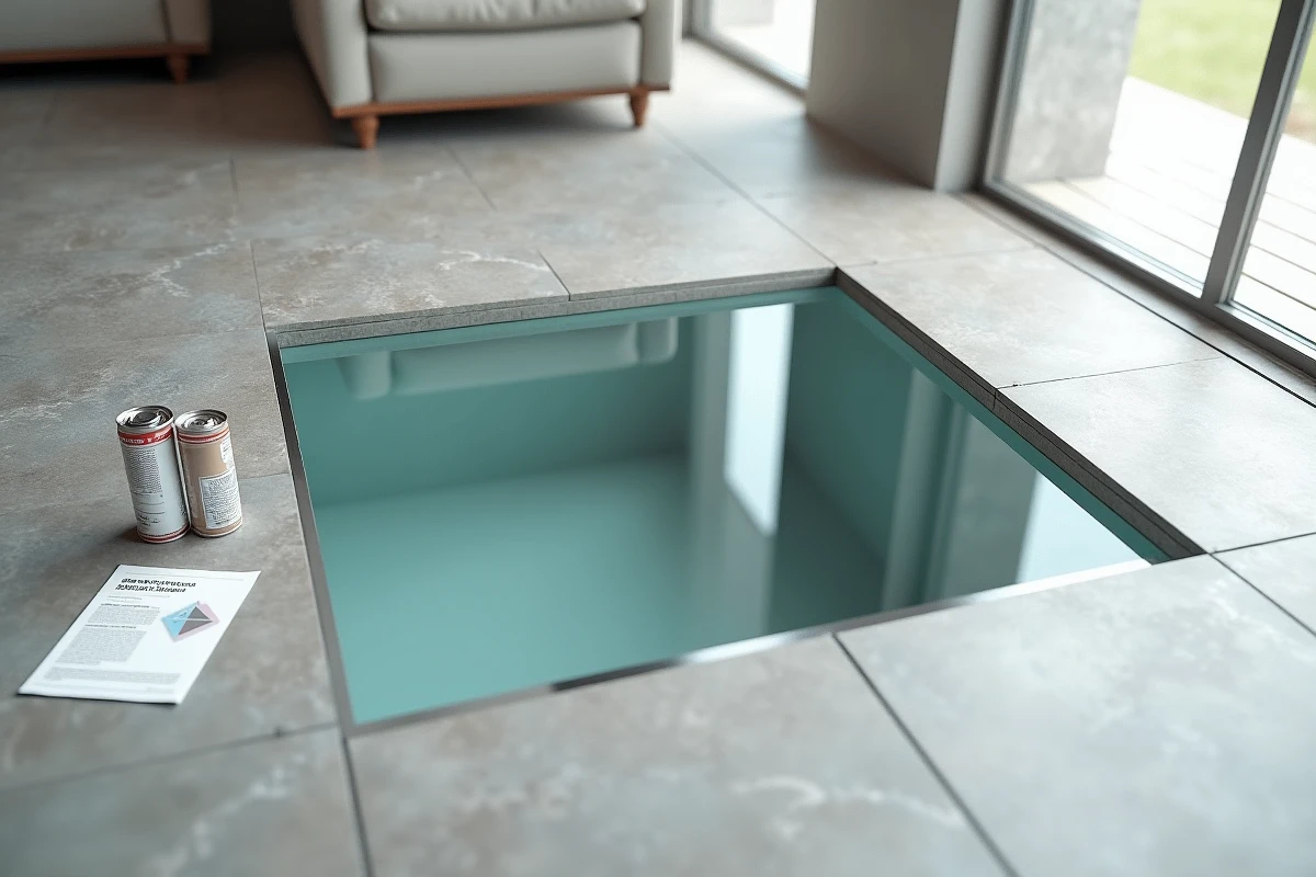 Trappe cave en verre double vitrage sans condensation ni voile blanc dans un sol en béton poli, avec produit de traitement anti-buée posé à côté