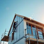 Constructeur posant panneaux d'isolation sur façade moderne