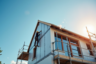 Constructeur posant panneaux d'isolation sur façade moderne