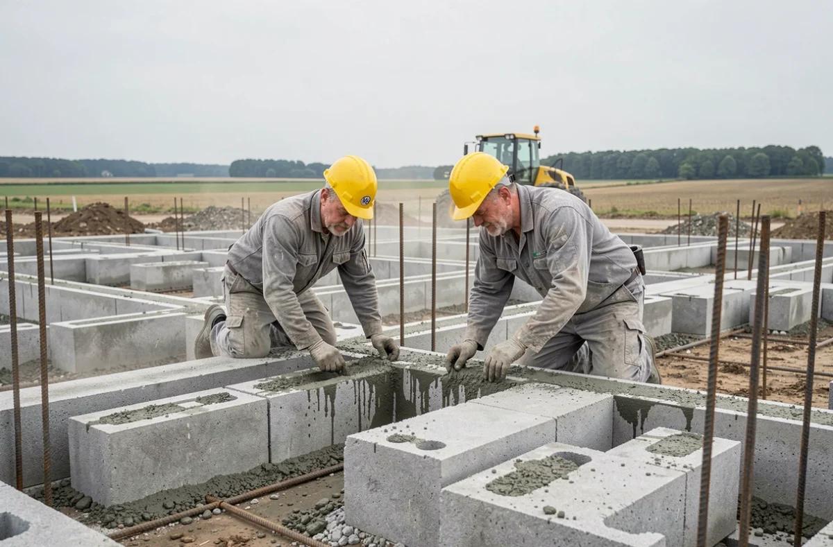 Ouvriers posant des blocs de béton pour le gros œuvre d'un chantier dans le Forez pour Turnel SARL