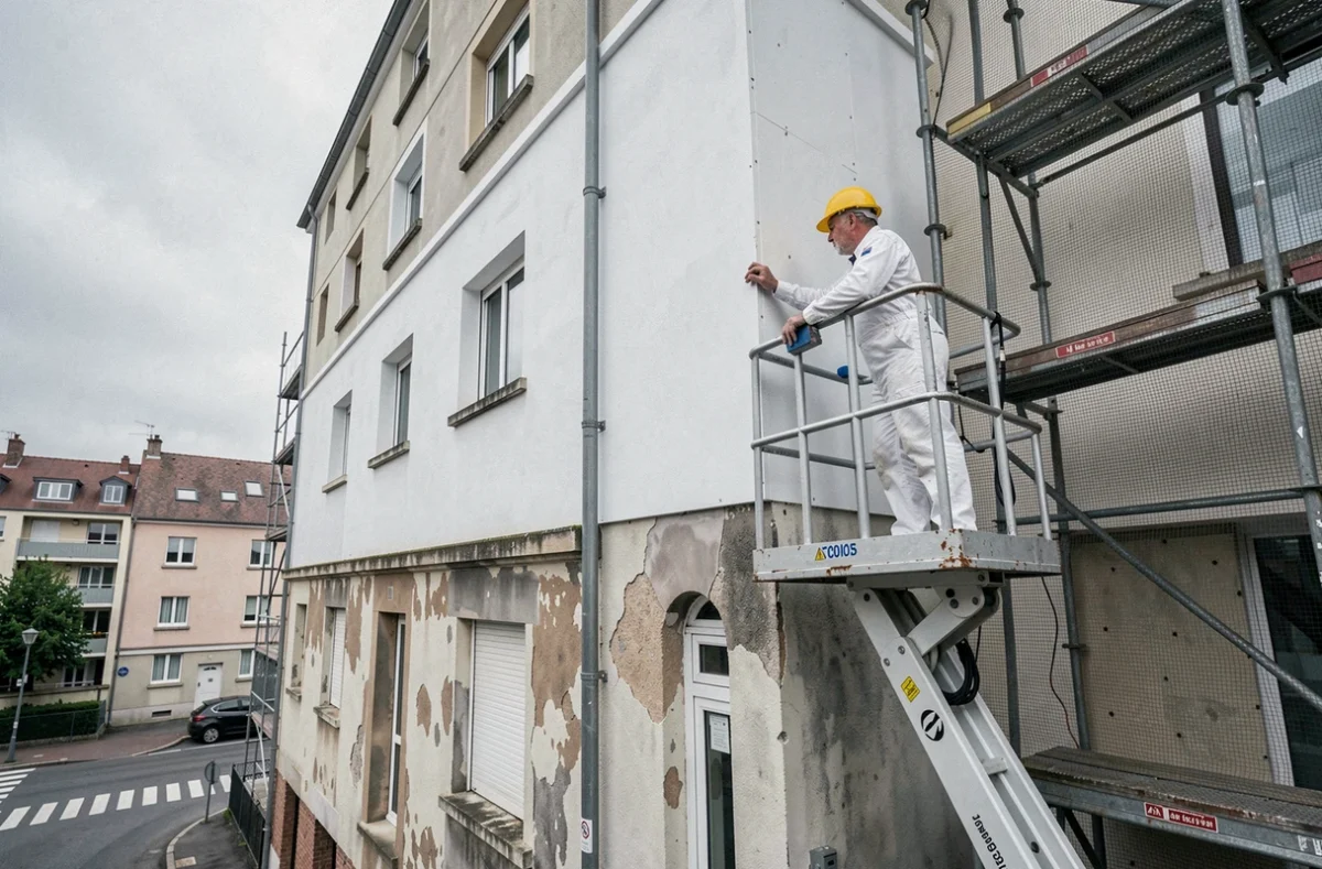 Spécialiste façade Urbatec sur nacelle inspectant une façade rénovée avec isolation à Colombes