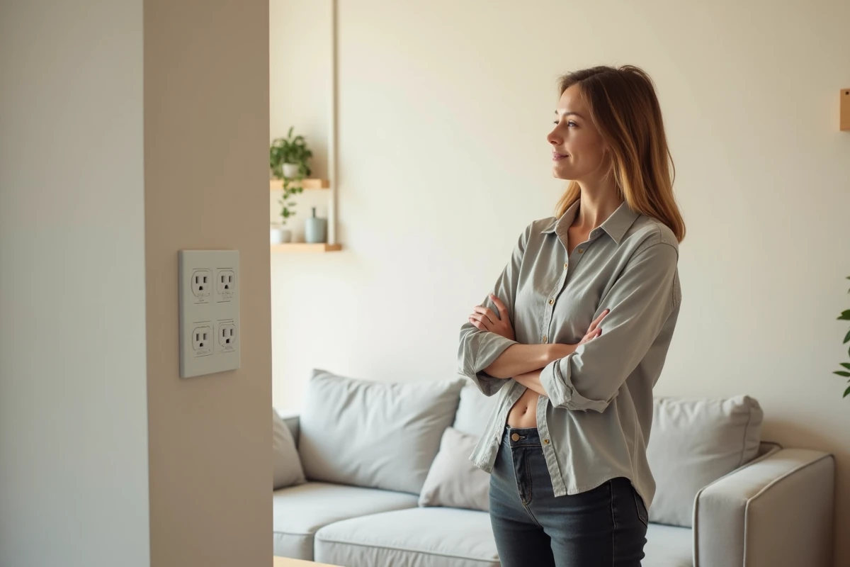 Propriétaire inspectant une installation discrète de prises domino électriques au mur dans un salon moderne