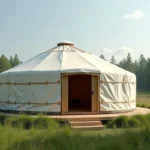 Yourte clé en main installée dans une prairie verte avec plateforme en bois et entrée ouverte, vue large en plein air