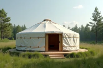 Yourte clé en main installée dans une prairie verte avec plateforme en bois et entrée ouverte, vue large en plein air